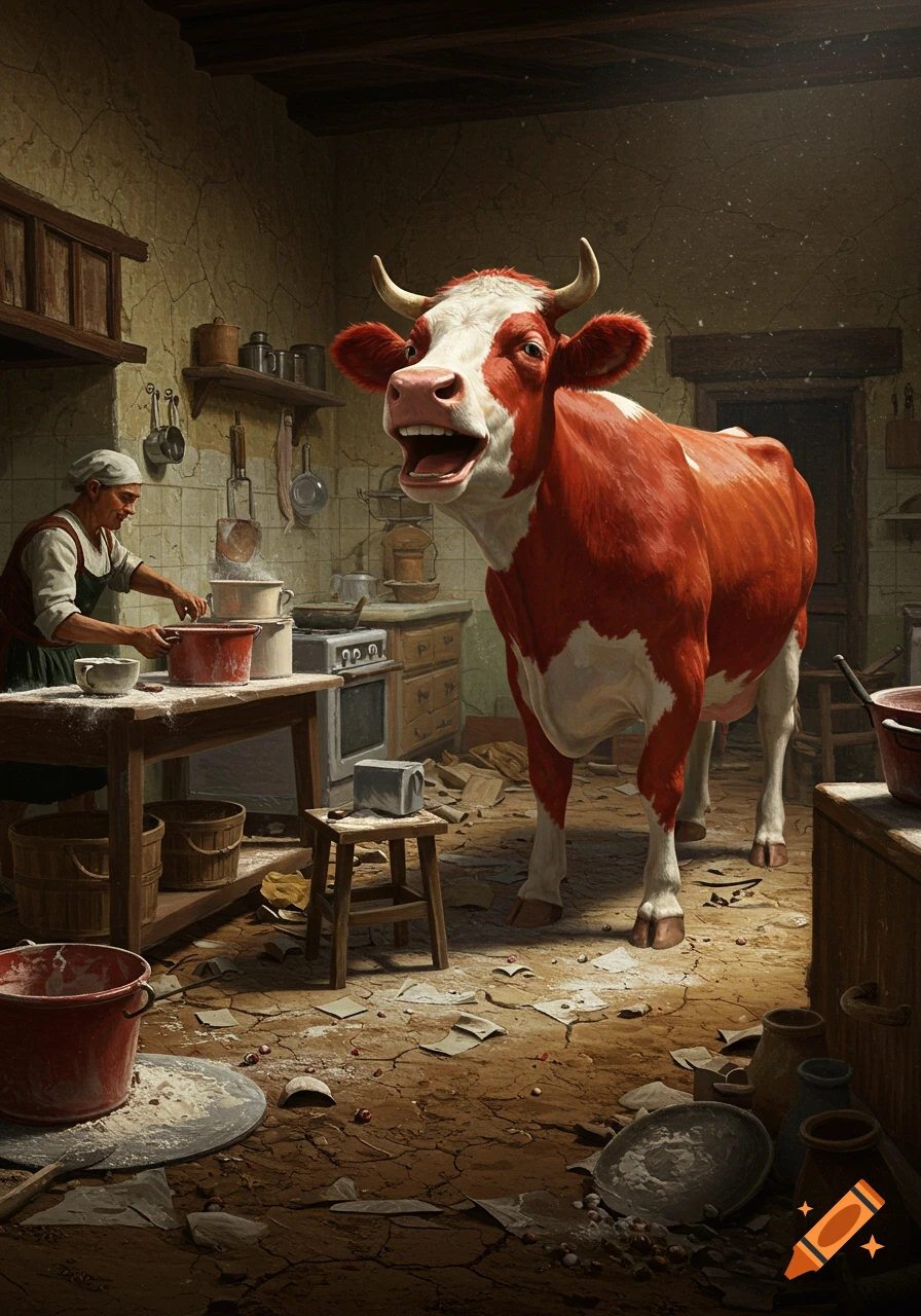 A large red and white cow with an open mouth stands in a chaotic, flour-strewn rustic kitchen where a person is cooking.