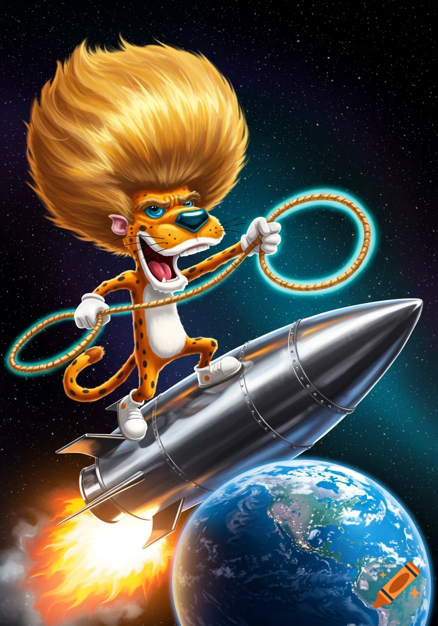 A cartoon cheetah character with voluminous hair rides a rocket through space, holding a glowing lasso around Earth.