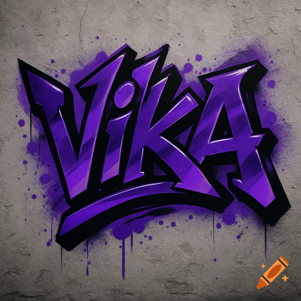 Purple and black graffiti spelling "VIKA" on a concrete wall, with spray paint splatters around the letters.
