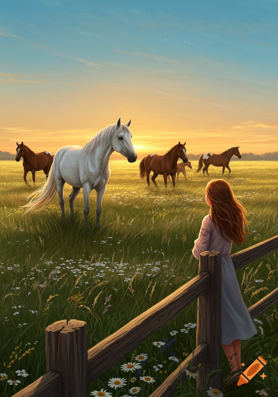 A girl with long brown hair watches a white horse and other horses in a sunlit field from behind a wooden fence, digital painting.