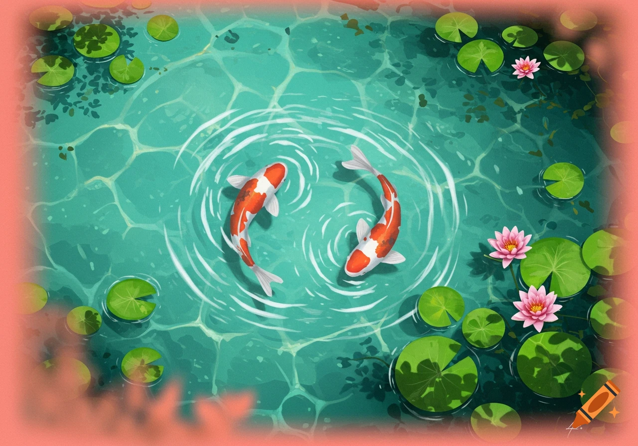Two orange and white koi fish swim in a serene green pond with lily pads and pink lotus flowers, top-down view, stylized illustration.