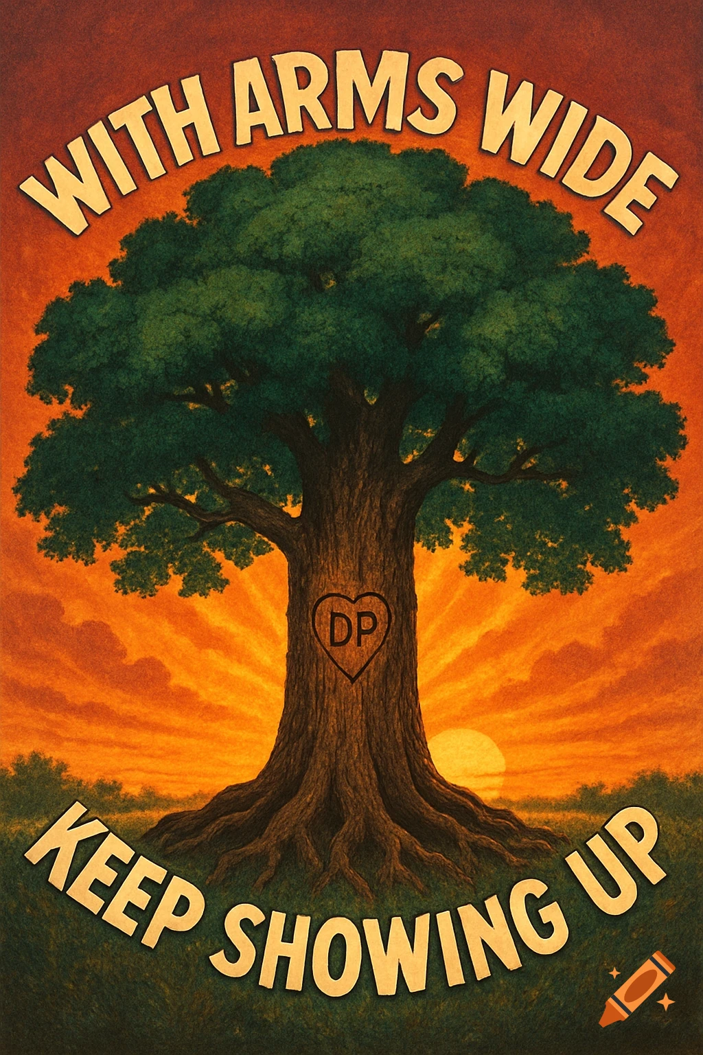 A large, leafy tree with visible roots stands against a vibrant sunset. The initials DP are carved into the trunk inside a heart. Text above reads "WITH ARMS WIDE" and below "KEEP SHOWING UP" in a poster art style.