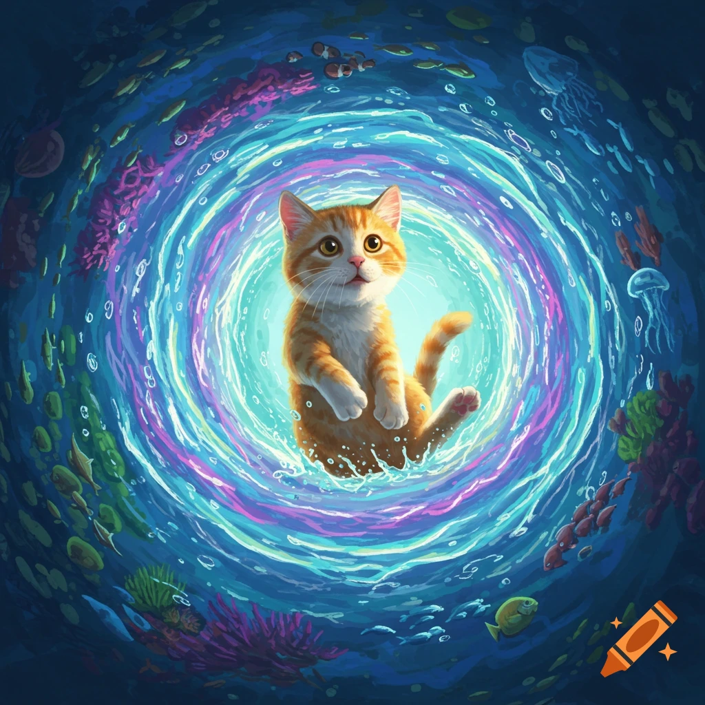 A cute ginger cat swirls in a vibrant blue and pink water vortex surrounded by coral, fish, and jellyfish in a stylized underwater illustration.