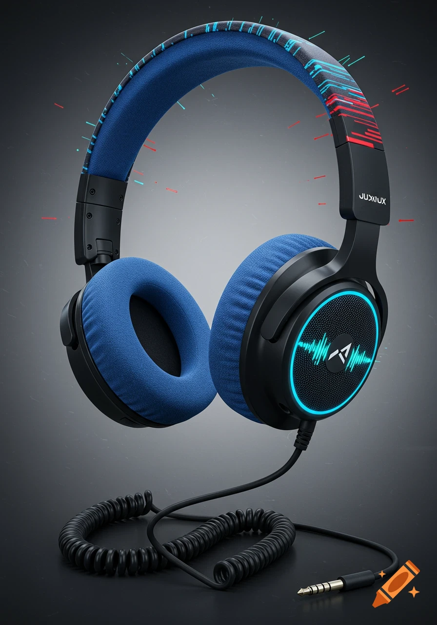 Black and blue headphones with a glowing soundwave graphic on one earcup and a braided cable, against a dark background.