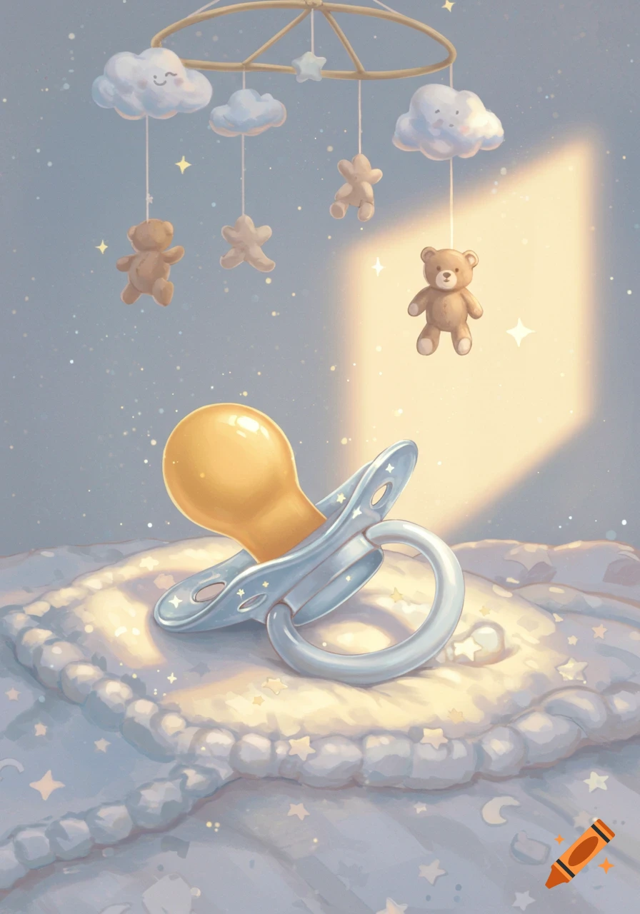 Dreamy illustration of a baby pacifier on a starry blanket with a teddy bear mobile above.
