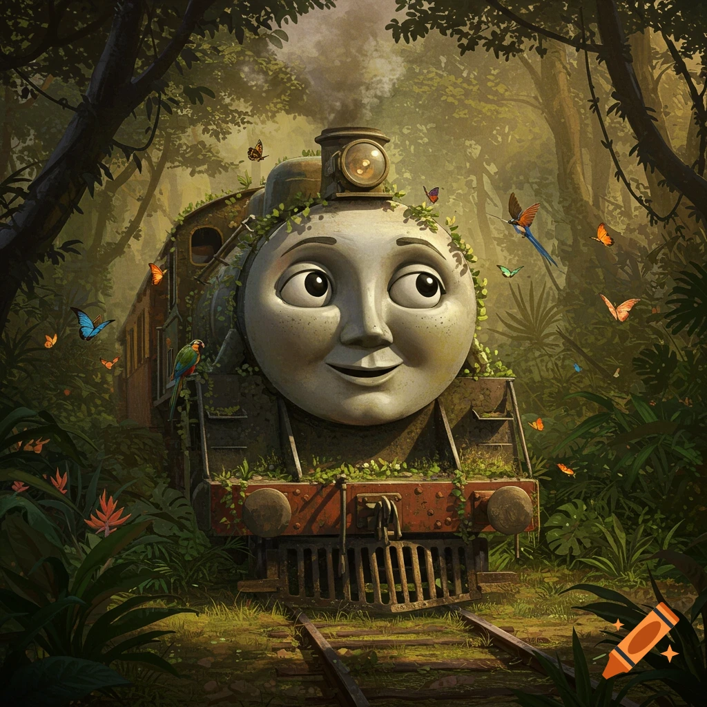 A friendly, smiling personified train, overgrown with vines, sits on tracks in a lush jungle filled with colorful butterflies and a parrot.