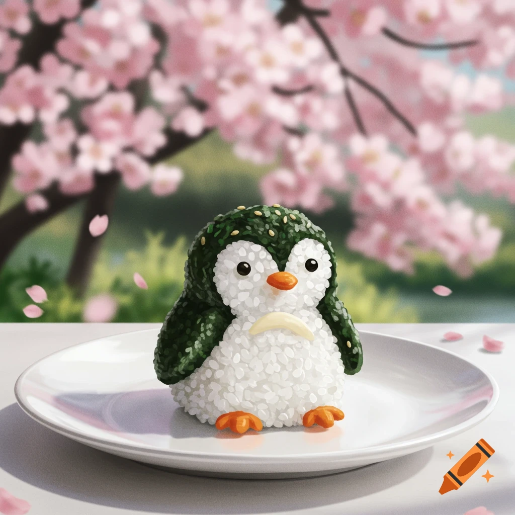 Cute sushi penguin on a white plate with a blurred background of pink cherry blossoms.