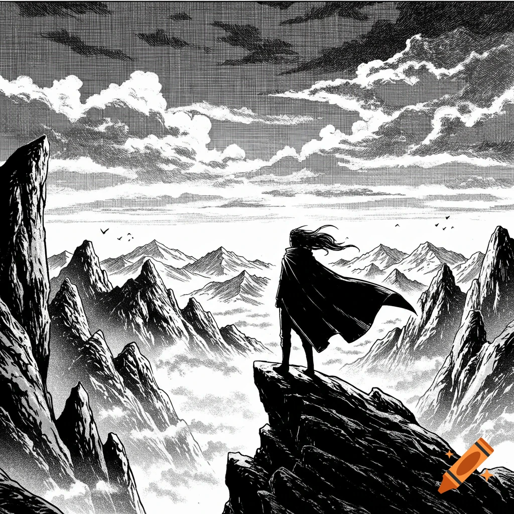 Black-and-white manga illustration of a figure in a cloak standing on a mountain peak overlooking a misty valley and distant mountains.