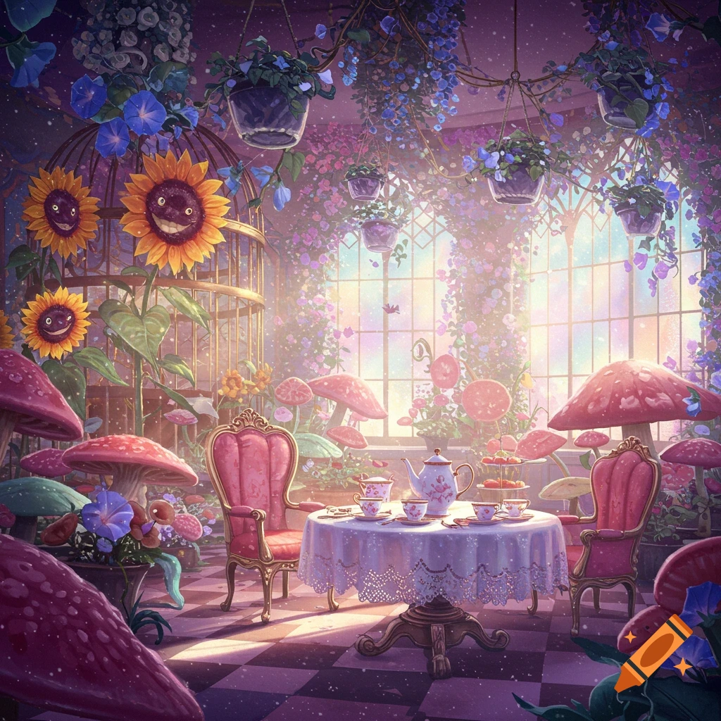 A whimsical Alice in Wonderland-inspired room with a tea party table, talking sunflowers, giant mushrooms, and lush plants.