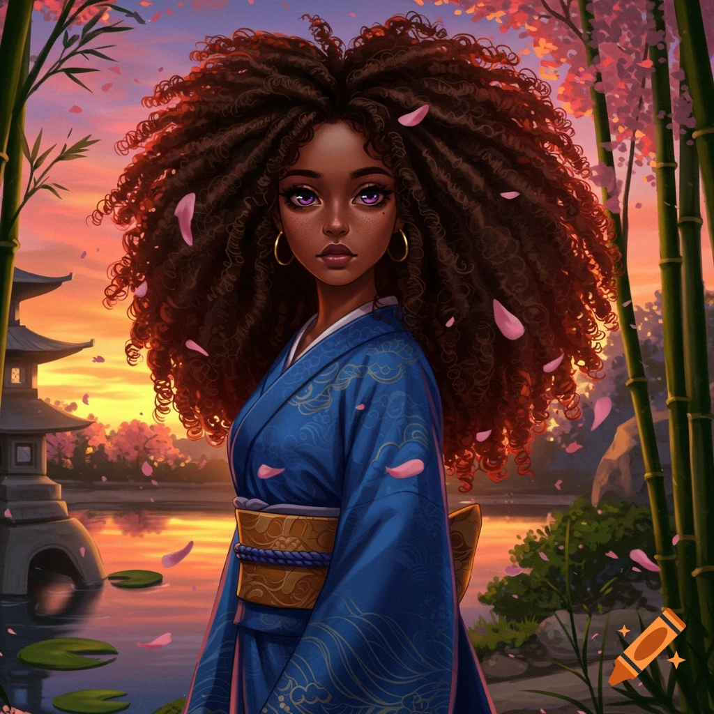 Stylized anime girl with dark skin and curly hair in a blue kimono, in a Japanese garden with a pagoda and cherry blossoms at sunset.