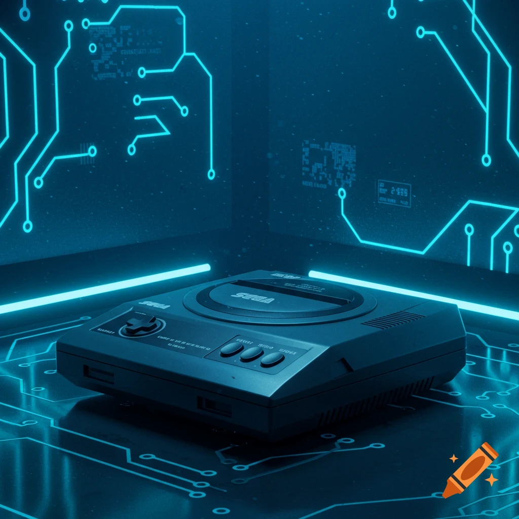 A dark, futuristic room with glowing blue circuit board patterns on the floor and walls, featuring a prominent Sega Genesis console in the foreground.
