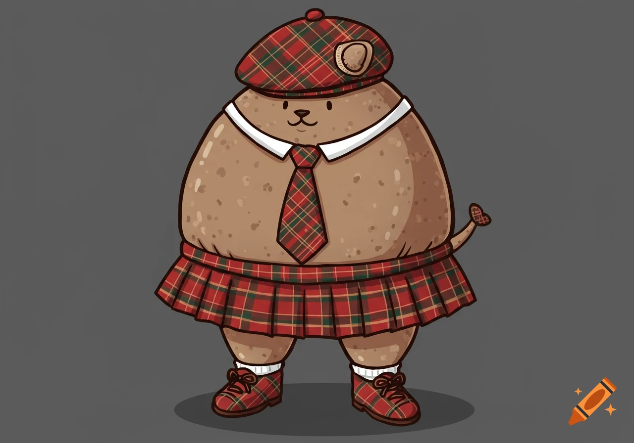 A cartoon haggis character wears a red and green tartan Tam o' Shanter, tie, skirt, and shoes on a grey background.