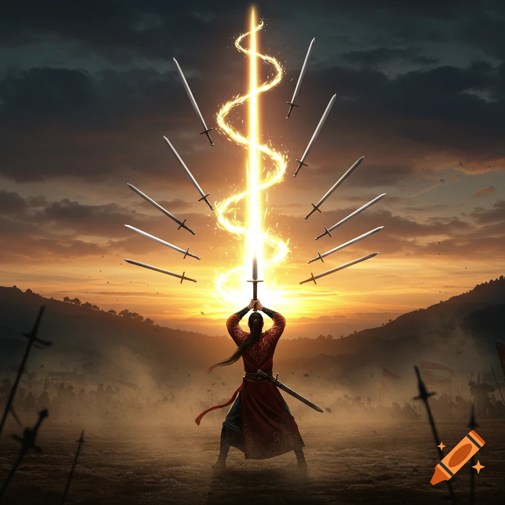 A dramatic scene of a warrior on a battlefield at sunset, holding a glowing magical sword that generates a cone of flying identical swords.