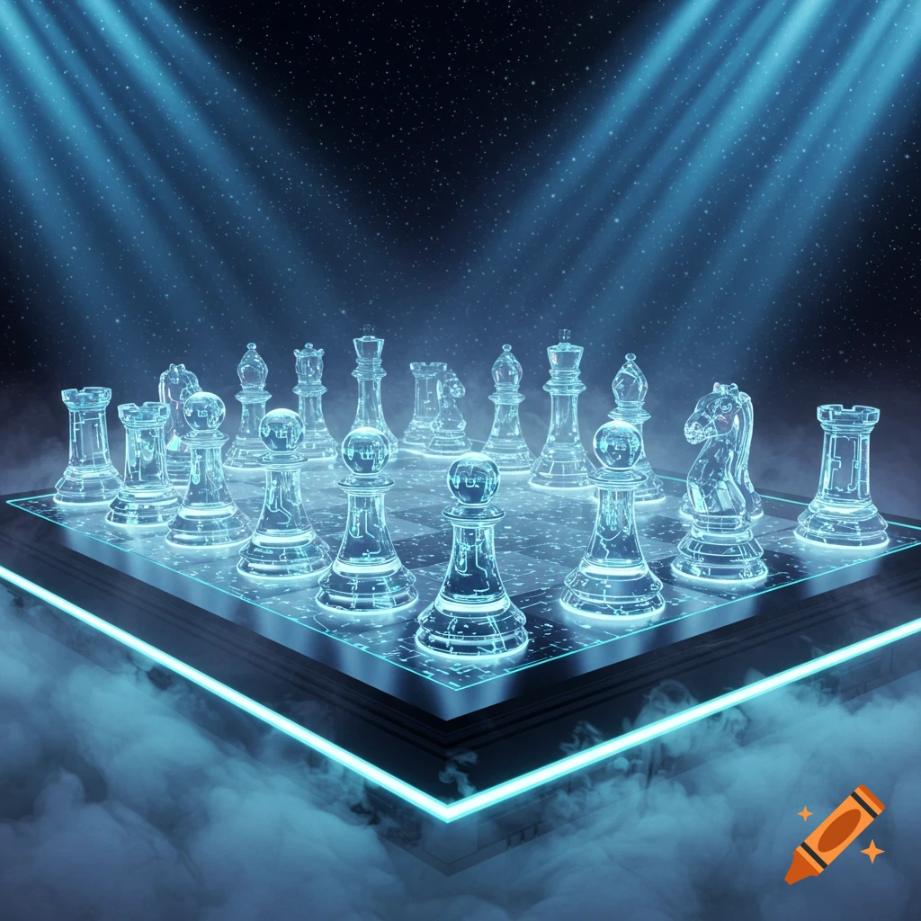 A futuristic glowing blue chess board with transparent digital pieces hovers over smoke against a starry background.