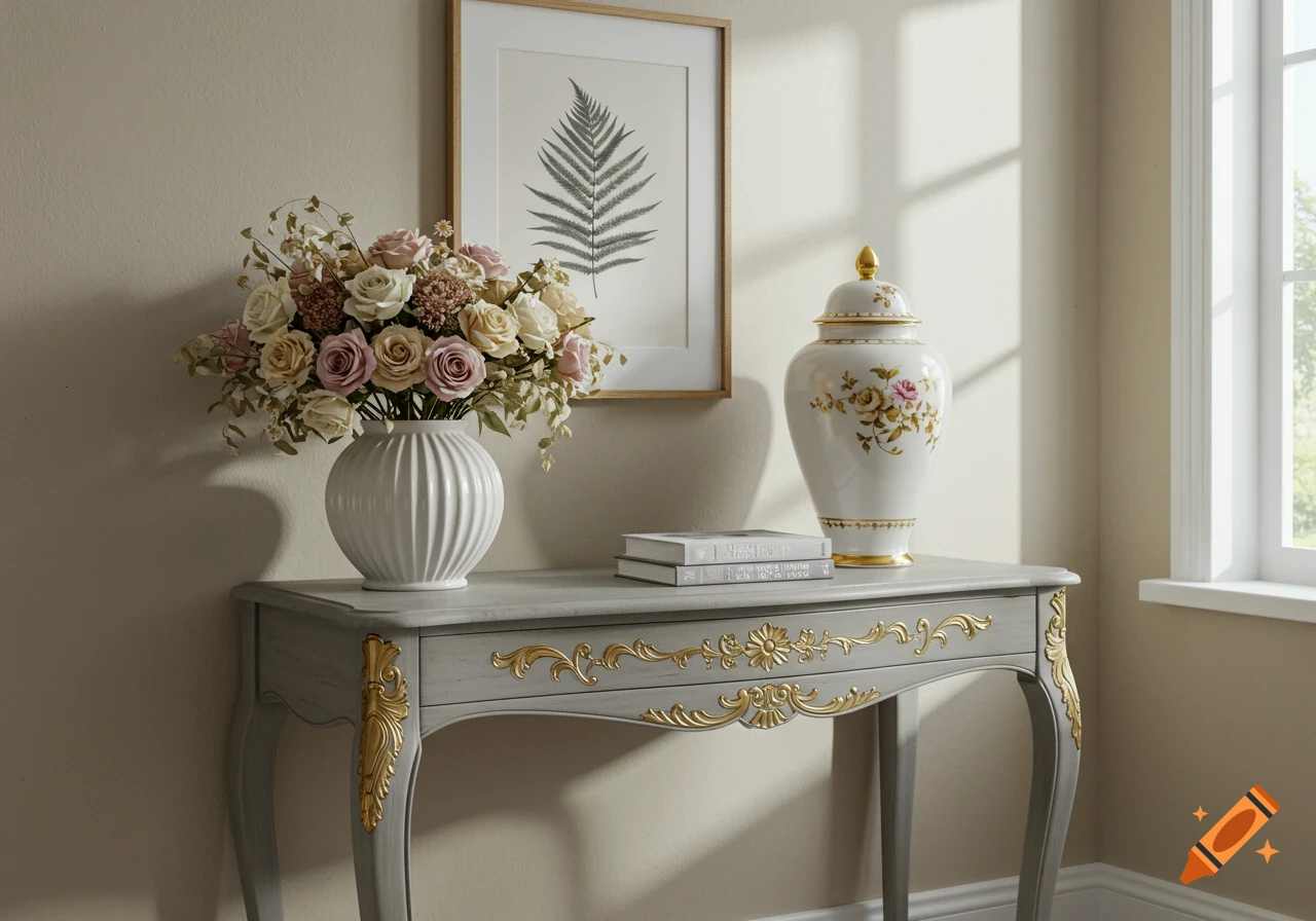 An elegant vintage-style console table in soft gray with gold details, adorned with a bouquet of roses, a framed fern print, and a porcelain vase, illuminated by natural light from a window.