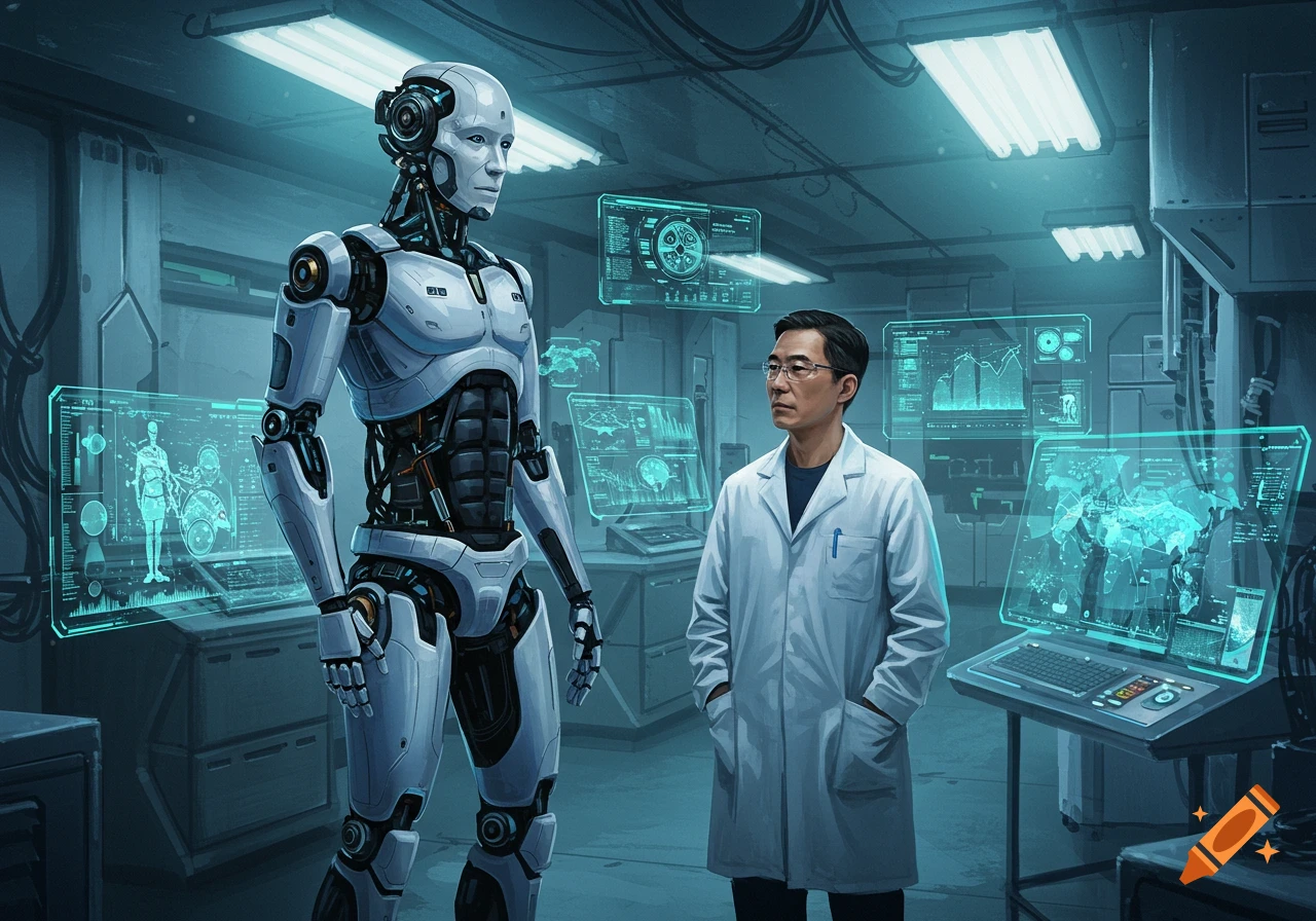 A white robot stands beside a scientist in a futuristic laboratory filled with glowing holographic screens.