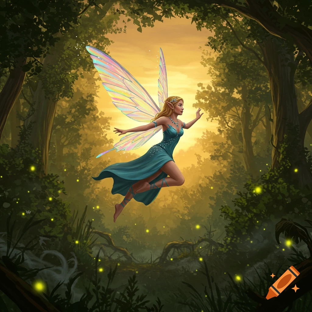 A blonde fairy in a teal dress with iridescent wings flies through an enchanted forest with glowing lights.