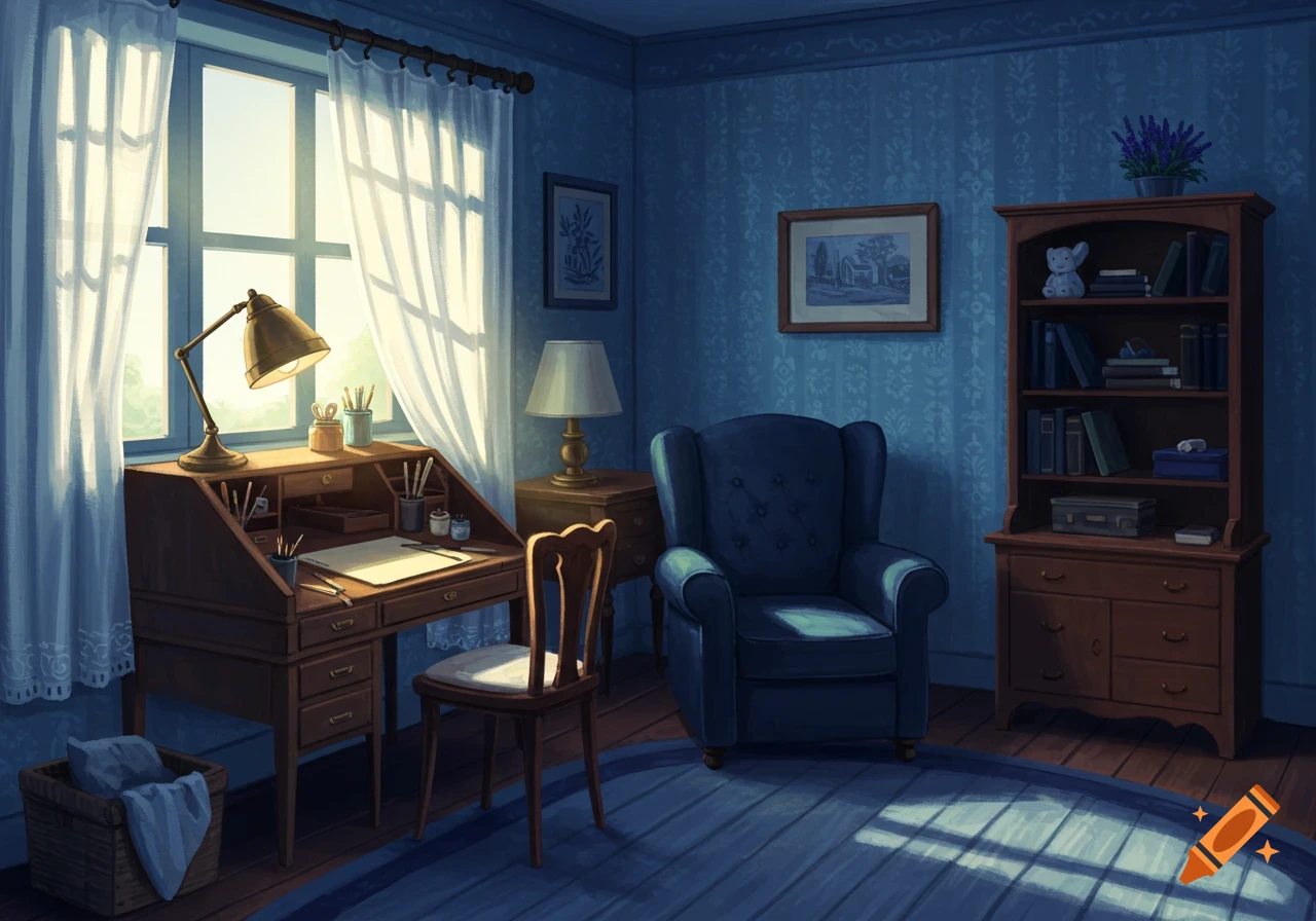 A cozy, blue-toned room with sunlight streaming through a window onto a wooden desk, chair, and armchair, rendered in a digital painting style.