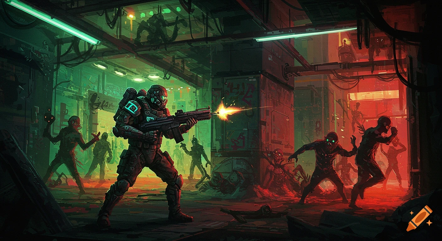 A heavily armored soldier fires a rifle at green-eyed humanoid creatures in a dark, neon-lit cyberpunk alley, with stylized gore on the ground.