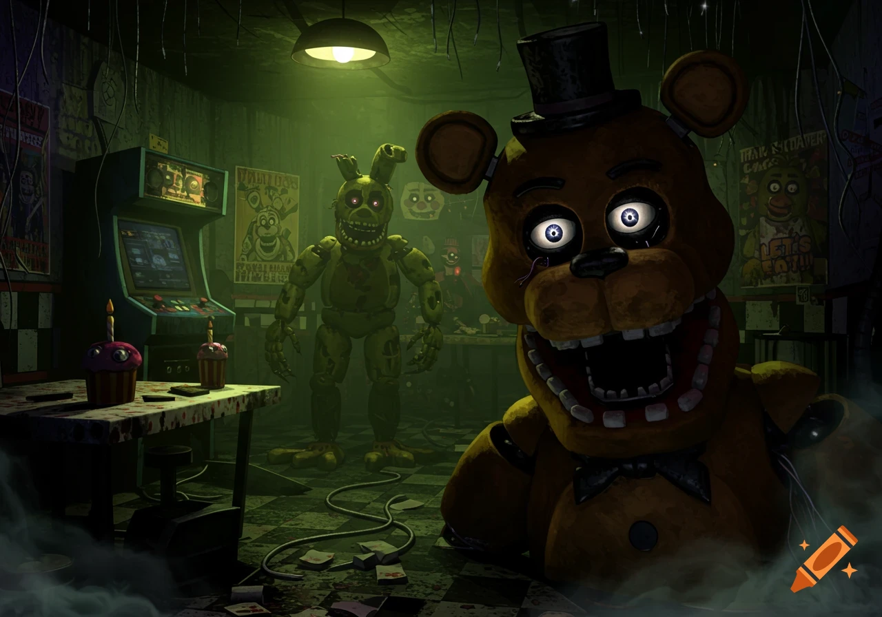 Freddy Fazbear in the foreground with Springtrap in the background, in a dimly lit, eerie room with arcade machines and posters.
