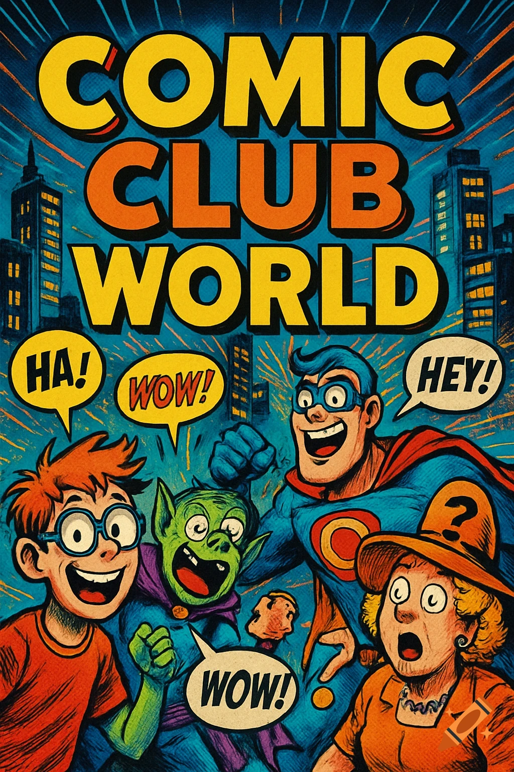 Vibrant comic book cover art featuring a superhero, boy, goblin, and woman against a cityscape, with the title 'COMIC CLUB WORLD'.