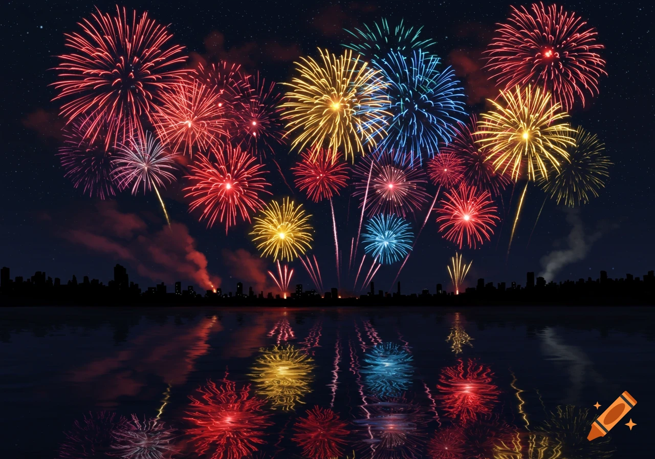 Colorful fireworks explode over a city skyline at night, reflected in the water below.