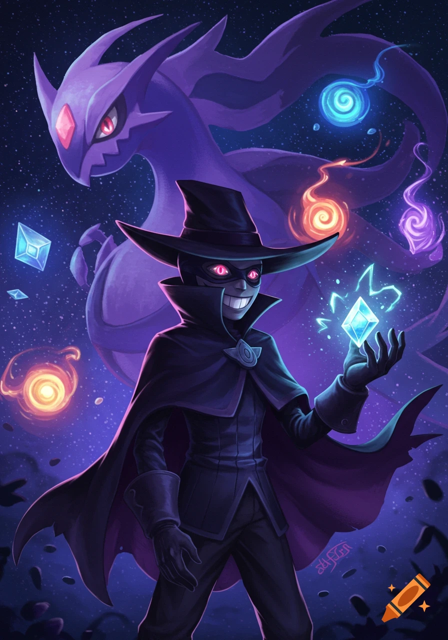 A masked phantom thief with red eyes and a sinister smile holds a glowing blue crystal, with a purple dragon Pokemon in a starry night.