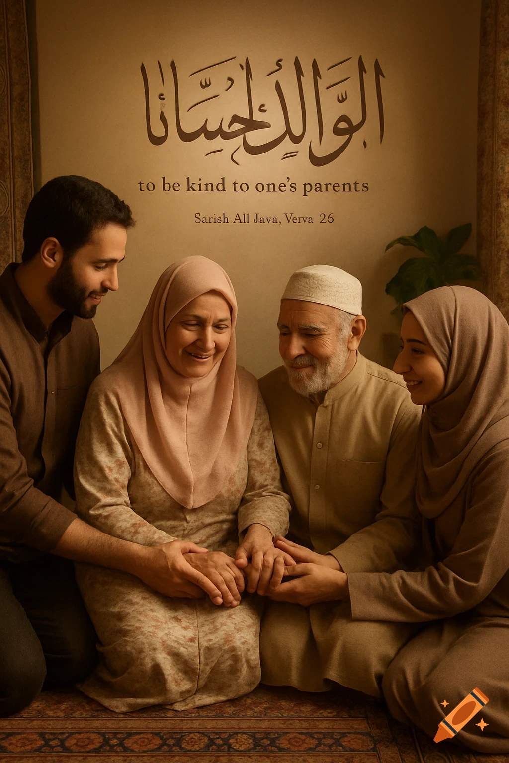 A Muslim family portrait shows two adult children tenderly holding their elderly parents' hands. Arabic calligraphy and English text 'to be kind to one's parents' are on the wall.