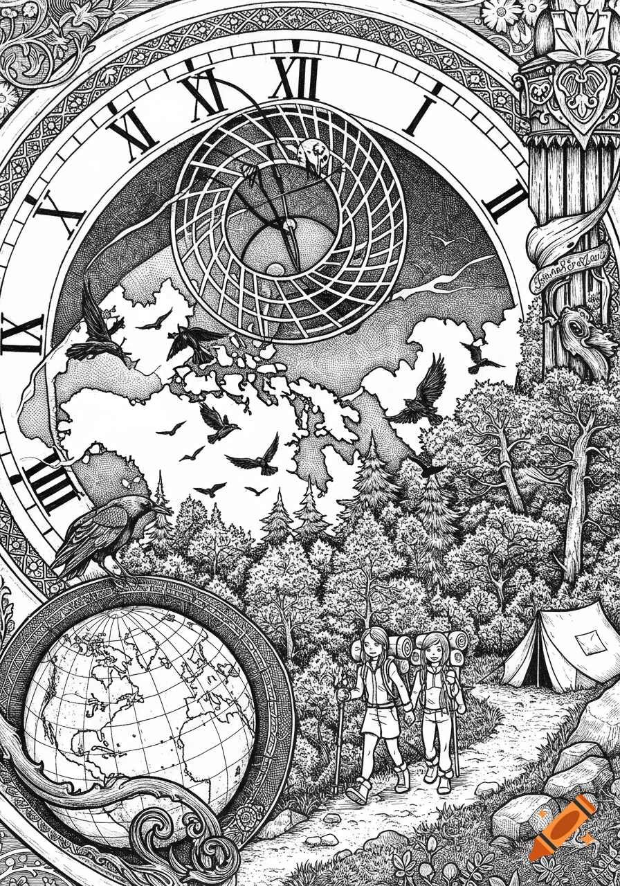 Detailed black and white illustration with Roman numeral clock, world map, flying ravens, forest, and two girls hiking with backpacks.