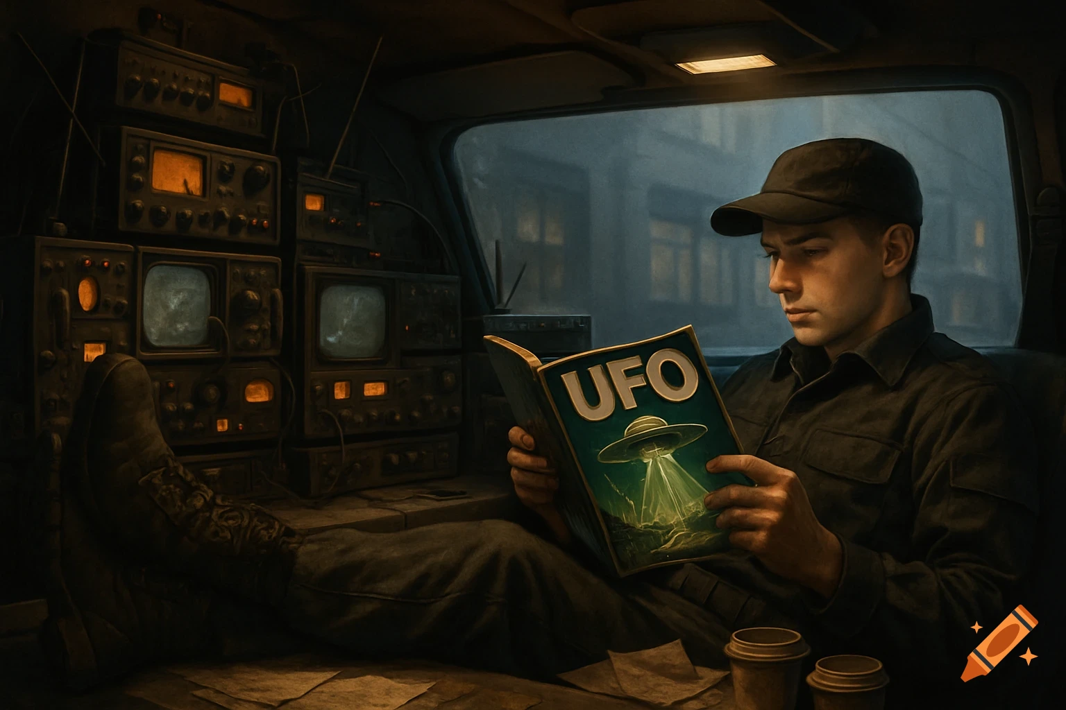 A young man in a cap sits in a dimly lit surveillance van, his feet up, reading a magazine titled 'UFO' with a flying saucer on the cover.