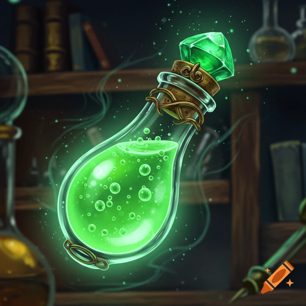 A glowing green potion in a glass bottle with a cork topped with a green gem, amidst an alchemist's workshop.