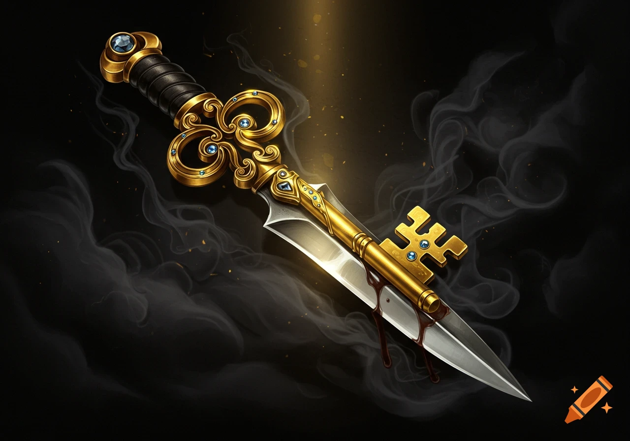 Ornate golden key-dagger with a black hilt, blue gems, and a blade dripping stylized blood, set against a smoky dark background.