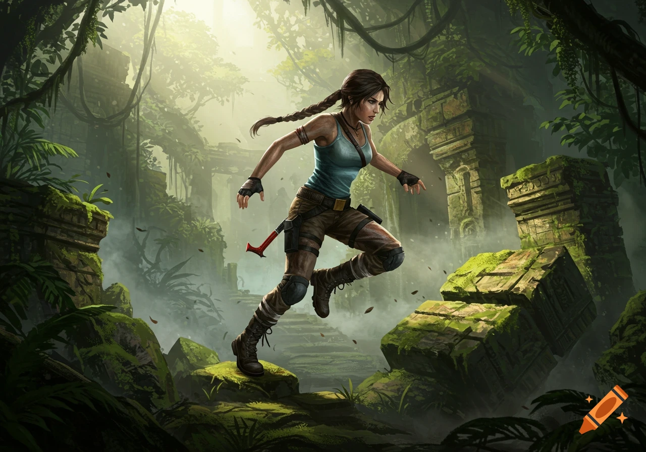 Lara Croft leaps through a dense, overgrown jungle with ancient ruins, looking determined.