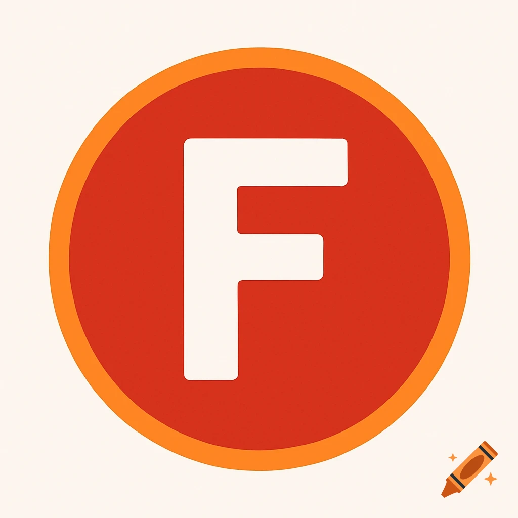 White capital letter F in a red circle with an orange outline on a light background.