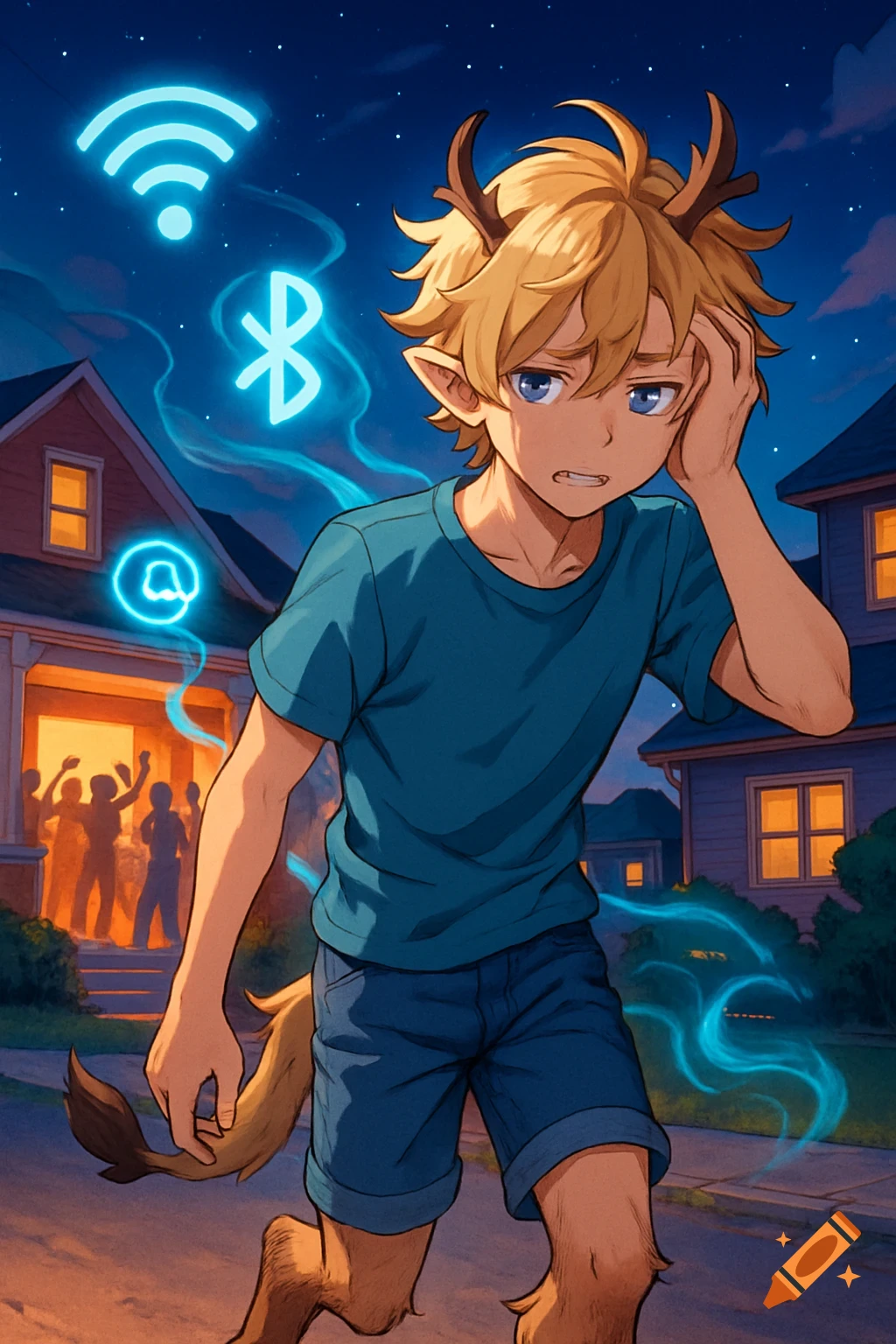 Anime satyr boy with antlers and hooves, holding his head, walks from a party. Glowing WiFi, Bluetooth, and '@' symbols float at night.