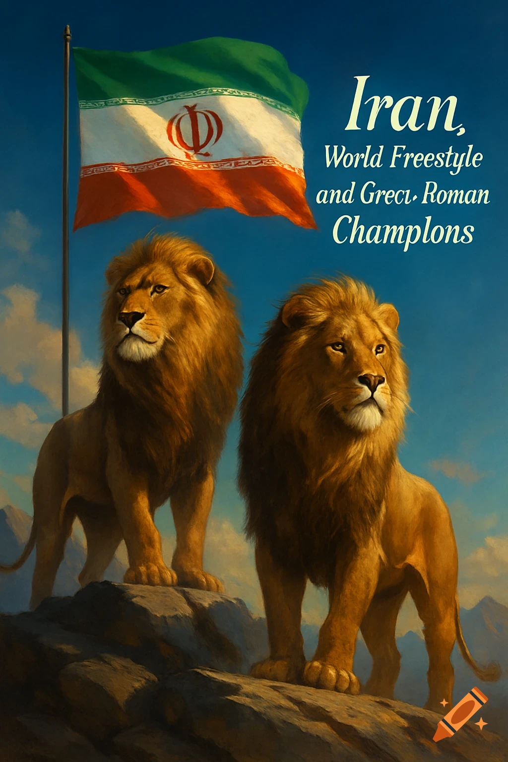 Two majestic lions stand on a rocky outcrop under a blue sky, with a large Iranian flag flying behind them. Text reads "Iran, World Freestyle and Greci- Roman Champions".