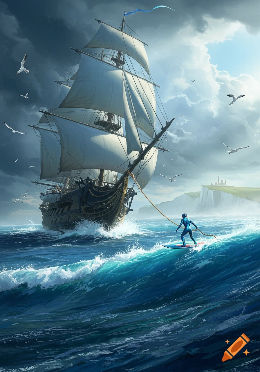 A surfer in a blue suit rides a wave, pulled by a large sailing ship on a stormy sea with cliffs in the distance. Illustrated.