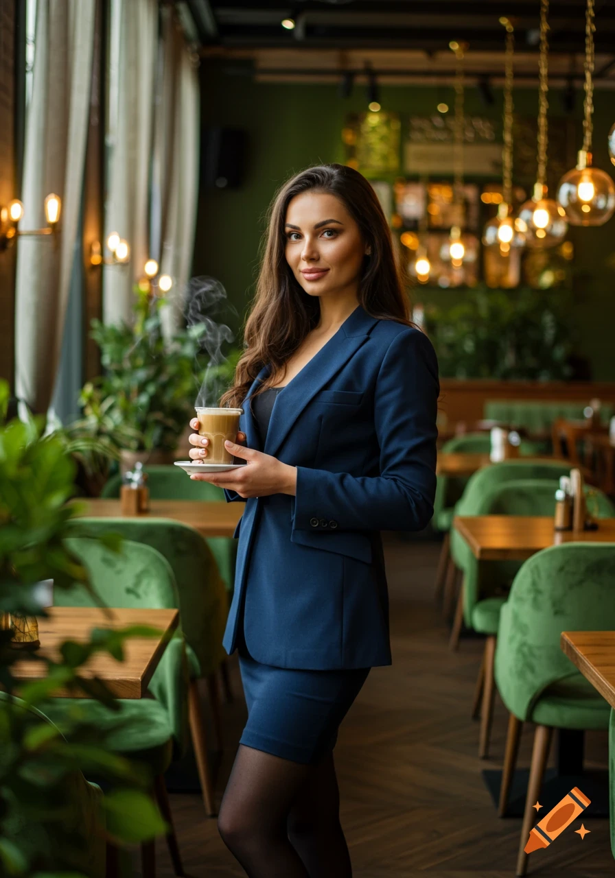 Photorealistic brunette woman in a blue suit holding a steaming coffee cup in a cafe, looking at the camera.