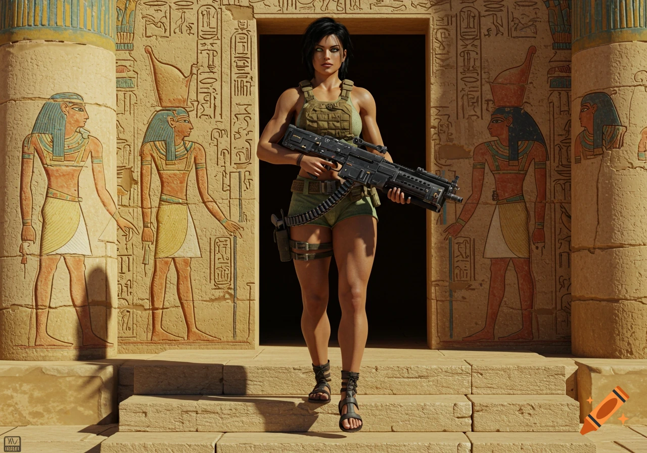 A strong, short-haired woman in tactical gear holds a futuristic gun while standing on steps outside an ancient Egyptian temple. Photorealistic.