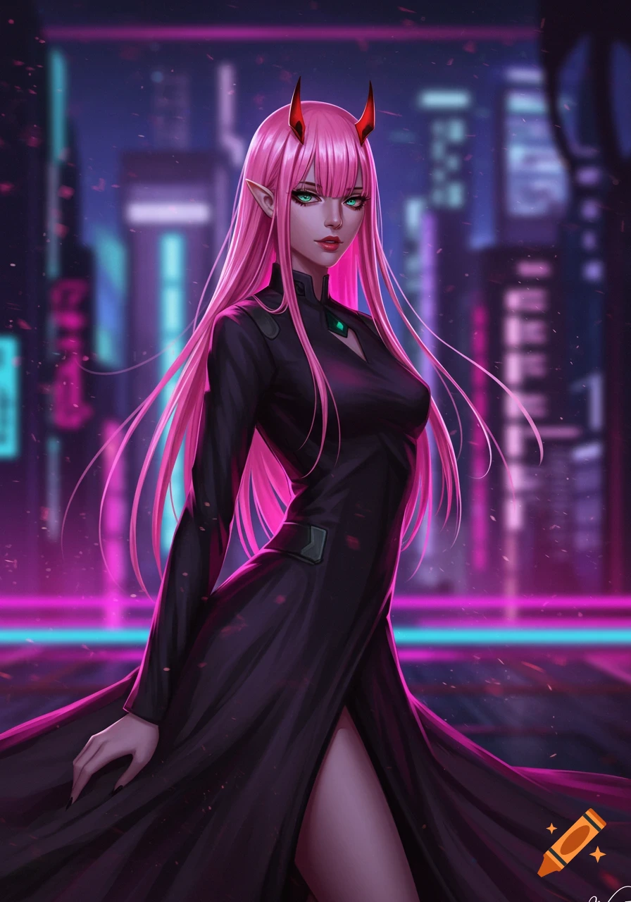 Zero Two in a long black dress with a thigh slit, standing in a neon-lit futuristic city at night, digital art.