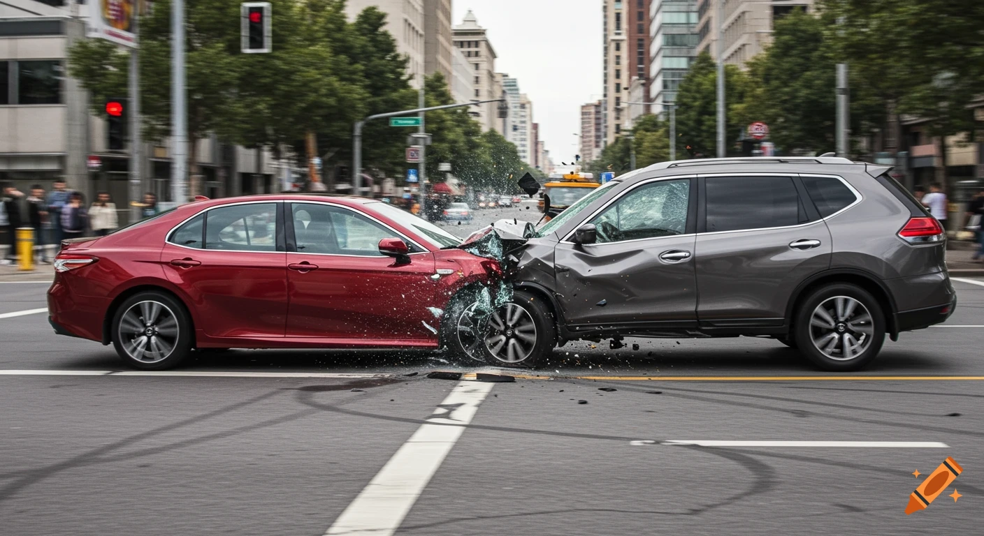 A red sedan and a gray SUV crashed in a city street, with debris and shattered glass flying from the impact. Photorealistic style.