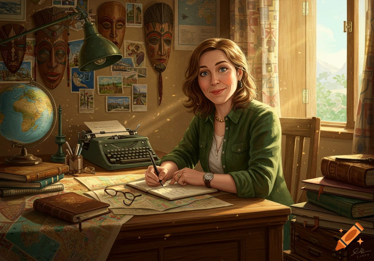 A woman with a warm smile writes at a cluttered desk filled with a globe, maps, postcards, and travel masks, bathed in sunlight.