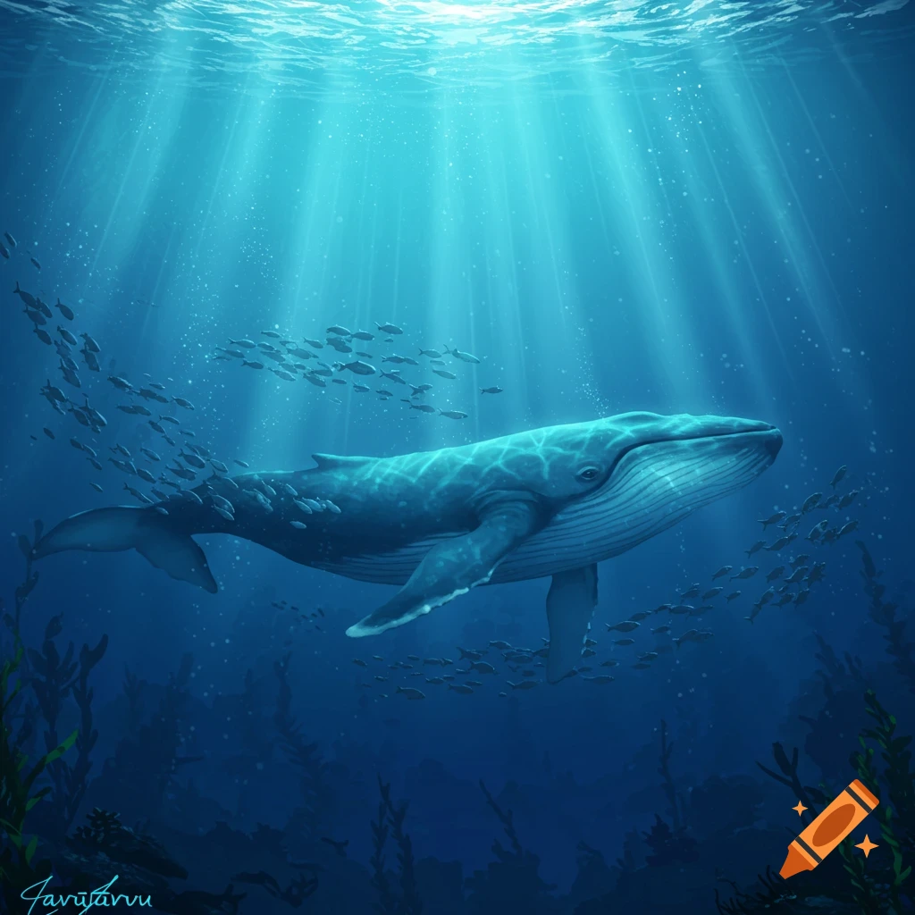 A blue whale swims through sun-drenched deep blue ocean water, surrounded by schools of small fish and kelp. Digital painting.
