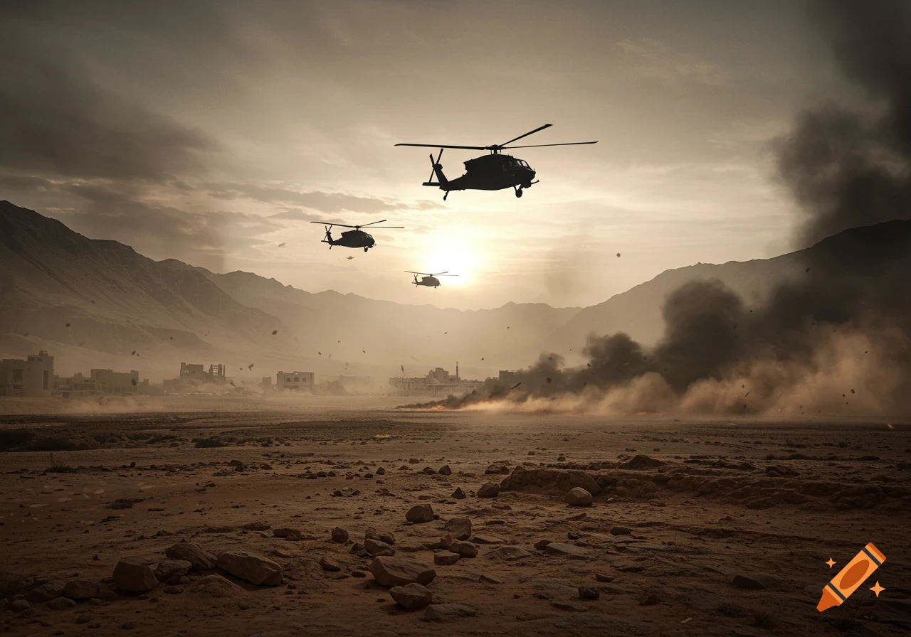 Three military helicopters fly over a dusty, war-torn desert landscape with smoke and mountains at sunset, photorealistic style.