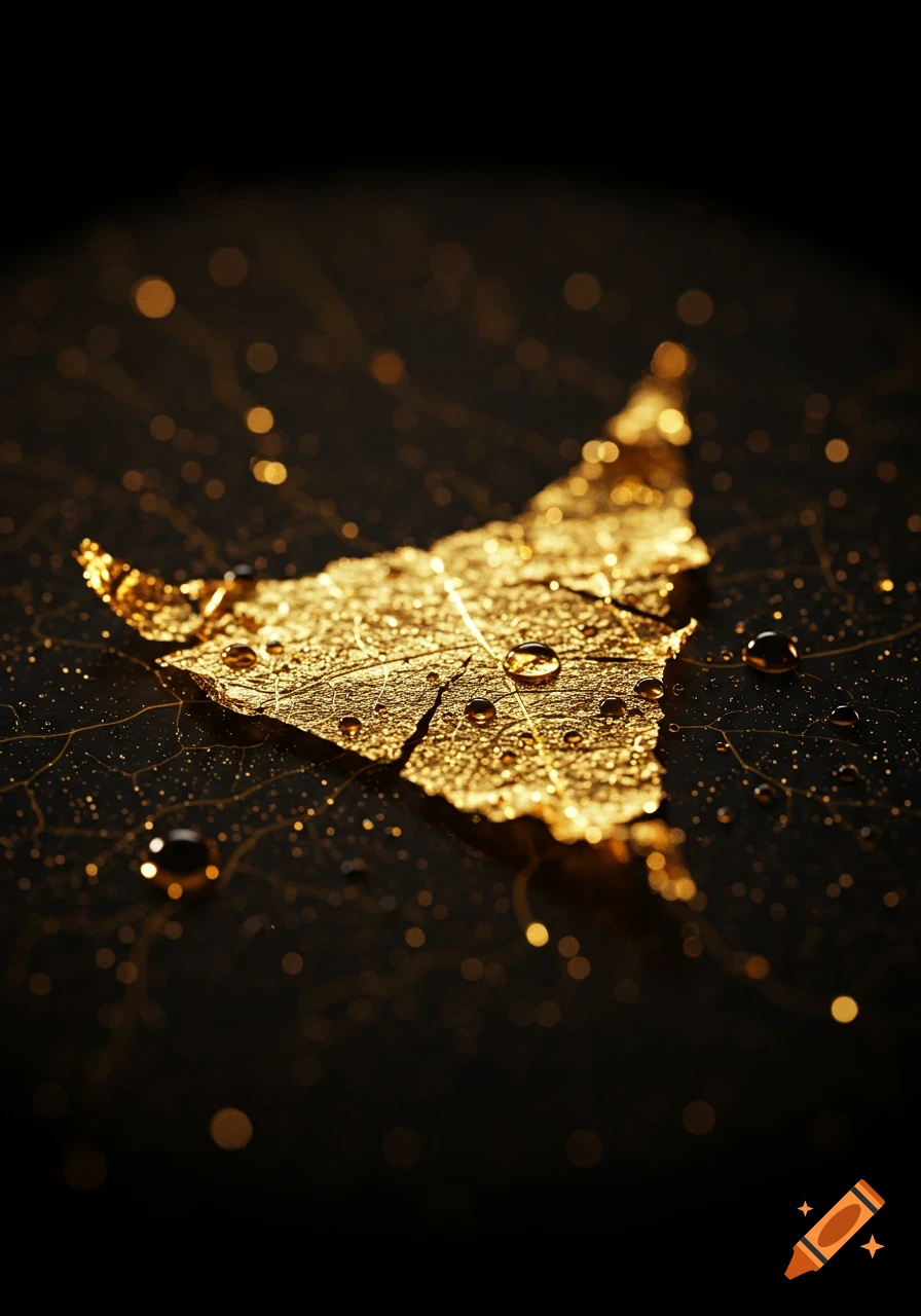 Close-up of a shimmering gold leaf flake with water droplets on a dark, textured background with bokeh lights.