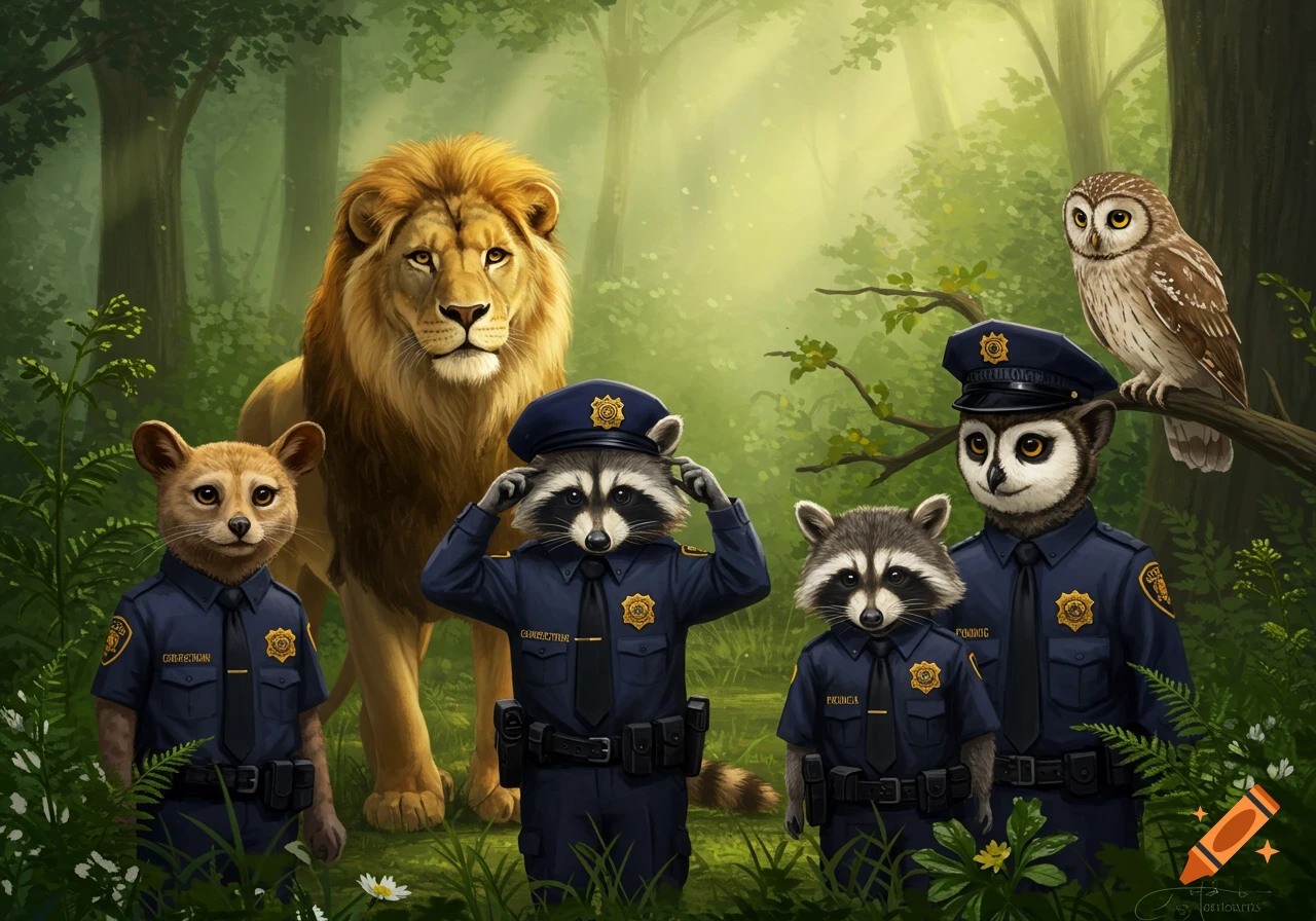 A lion stands behind four anthropomorphic animals, a ferret, two raccoons, and an owl, all wearing police uniforms in a lush forest.
