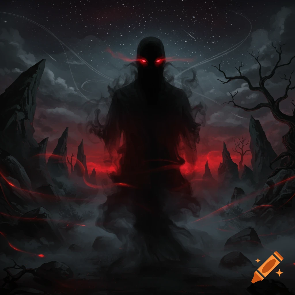A dark shadowy spectre with glowing red eyes and red energy in a misty, rocky landscape under a starry night. Dark fantasy art.