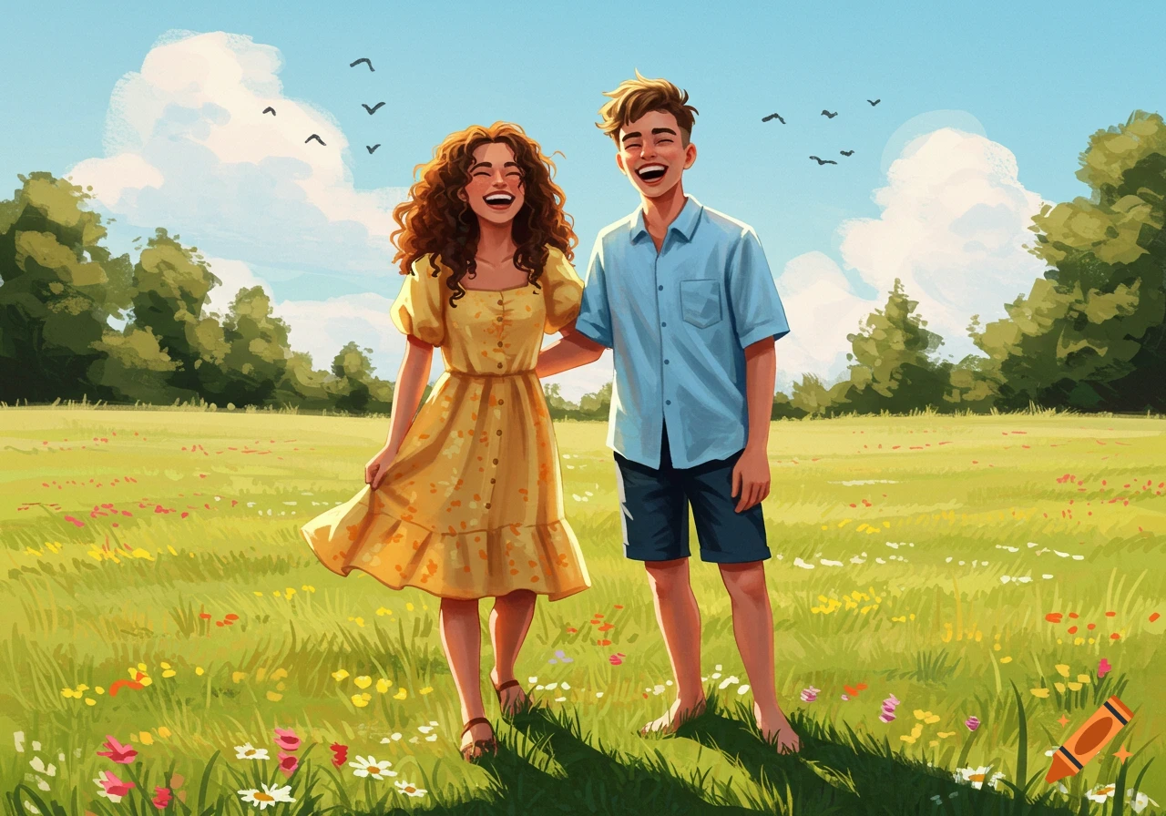 An illustration of a young man and woman laughing happily in a sunny green field with flowers and trees.