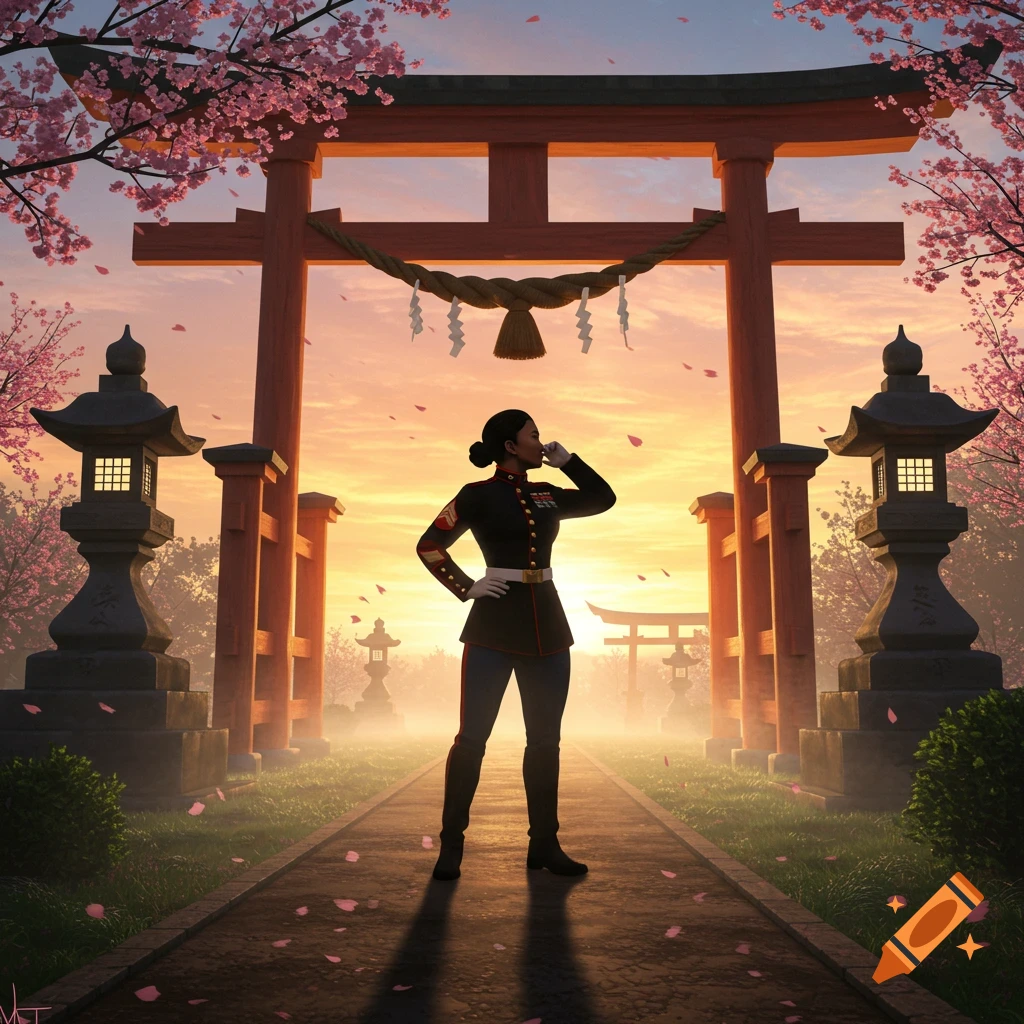 An Asian American Marine Corps woman in dress uniform stands at a Shinto gate surrounded by cherry blossoms at sunrise in a serene, photorealistic style.