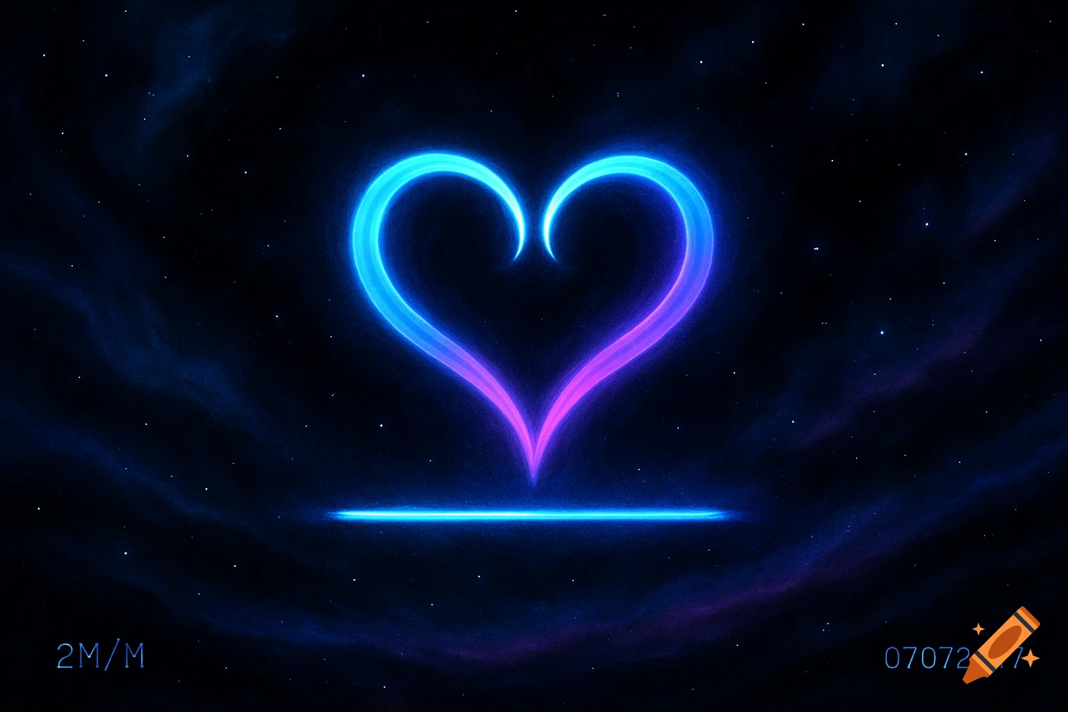 A glowing blue and violet heart symbol above a bar against a starry cosmic background with nebulous clouds and text.